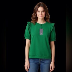 NWT Womens Crown and Ivy "Lamar Green" Athleisure top. Eyelet shoulder accents.